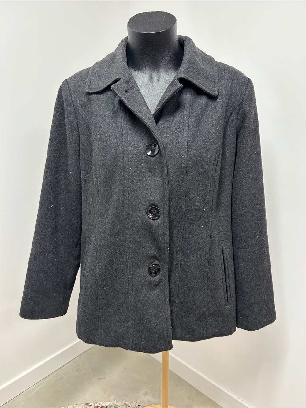 London Fog Wool Blend Button Front Coat Jacket Charcoal Gray petite xl